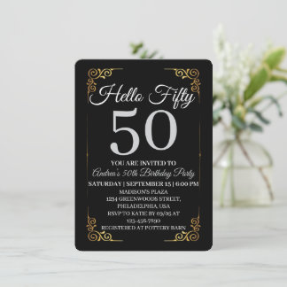 Elegant Black and Gold Hello 50th For Women  Inbjudningar