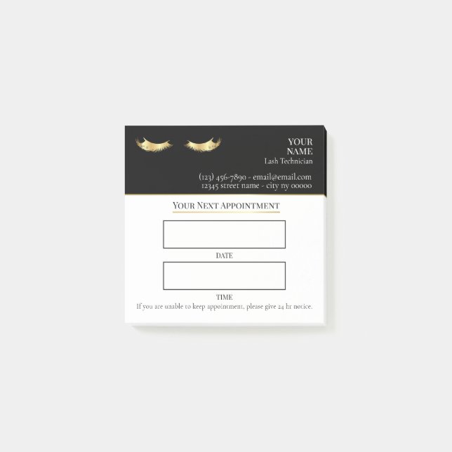Elegant black and gold Lash appointment Post-it Block (Framsida)