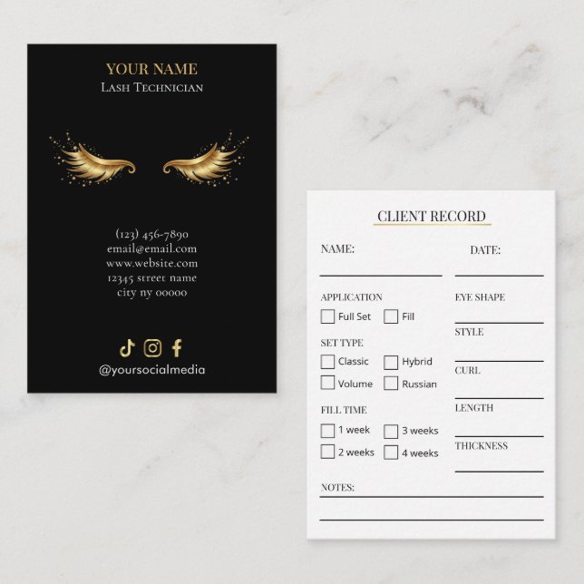 Elegant Black and gold Lash Client Record Form Visitkort (Fram/baksida)
