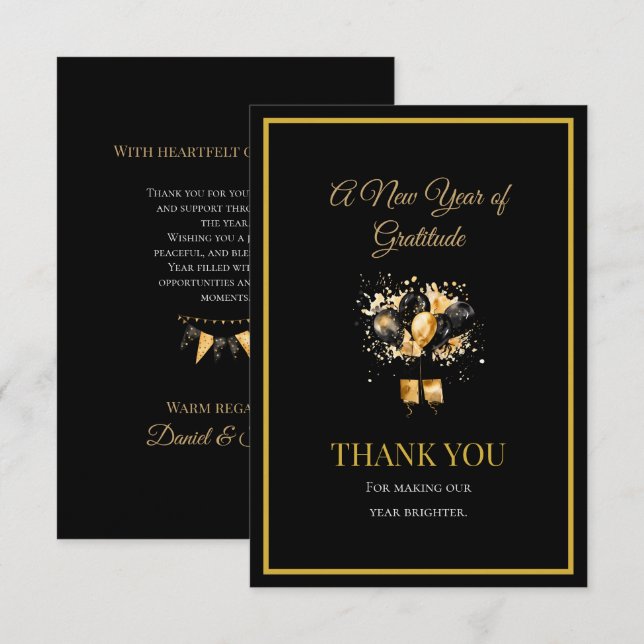 Elegant Black And Gold New Year Thank You Card Tack Kort (Fram/baksida)