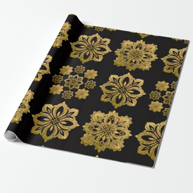 Elegant Black and Gold Ornate Christmas Wrapping P Presentpapper (Utrullad)