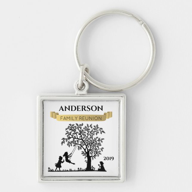 Elegant Black and Gold Personalized Family Reunion Fyrkantig Silverfärgad Nyckelring (Framsidan)