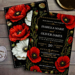 Elegant Black and Gold Red Poppy Vintage Floral Inbjudningar