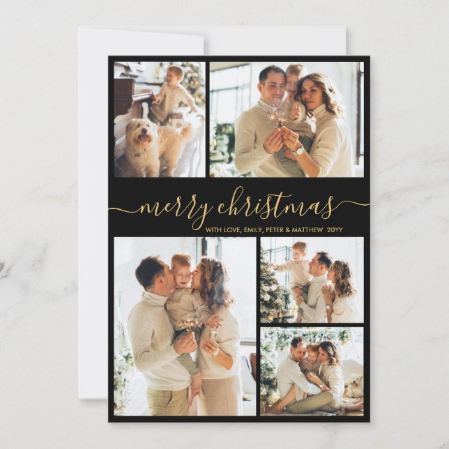 Elegant Black and Gold Script 5 Photo Christmas Julkort (Framsida)