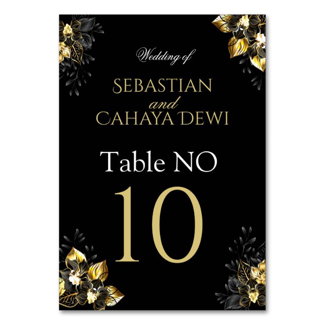Elegant black and gold summer wedding bordsnummer (Framsidan)