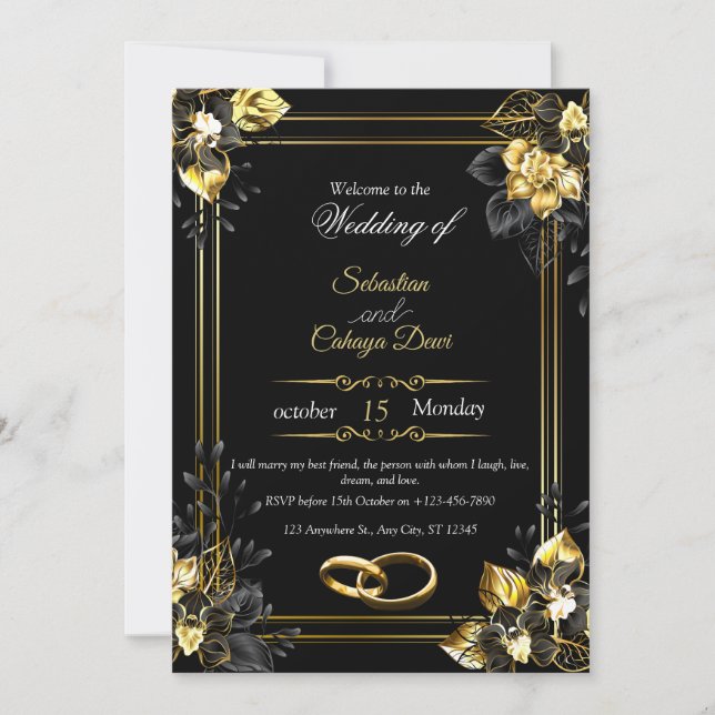 Elegant black and gold summer wedding inbjudningar (Framsida)