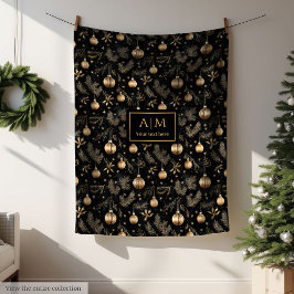 Elegant black and gold watercolor monogram throw fleecefilt