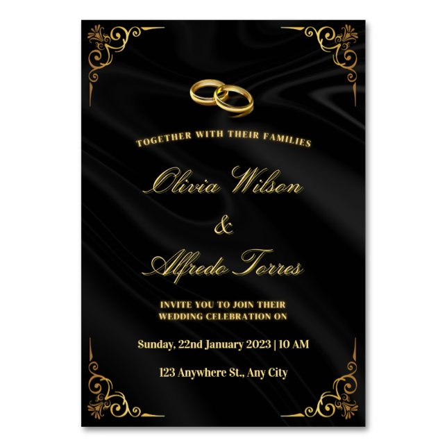 Elegant Black and Gold Wedding Invitation Bordsnummer (Framsidan)