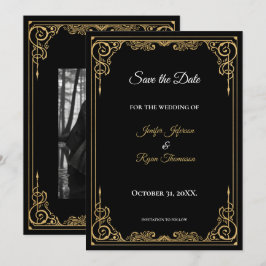 Elegant black and gold wedding save the date meddelande