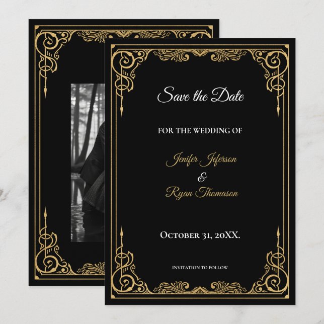 Elegant black and gold wedding save the date meddelande (Fram/baksida)