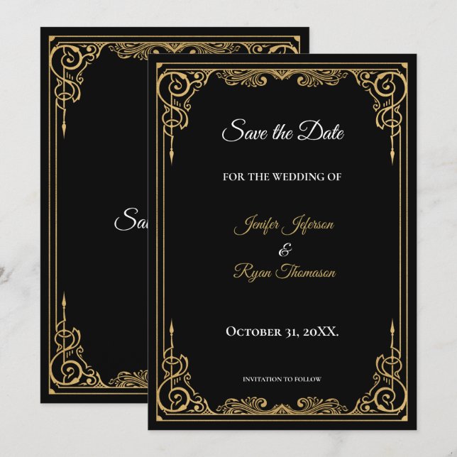Elegant black and gold wedding save the date meddelande (Fram/baksida)
