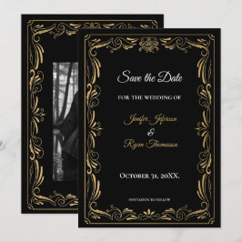 Elegant black and gold wedding save the date meddelande