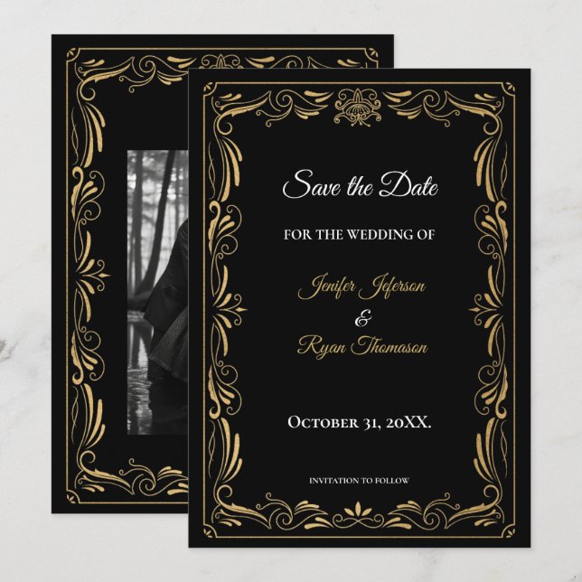 Elegant black and gold wedding save the date meddelande (Fram/baksida)