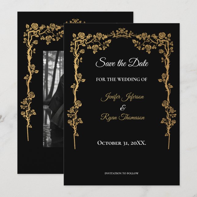Elegant black and gold wedding save the date meddelande (Fram/baksida)