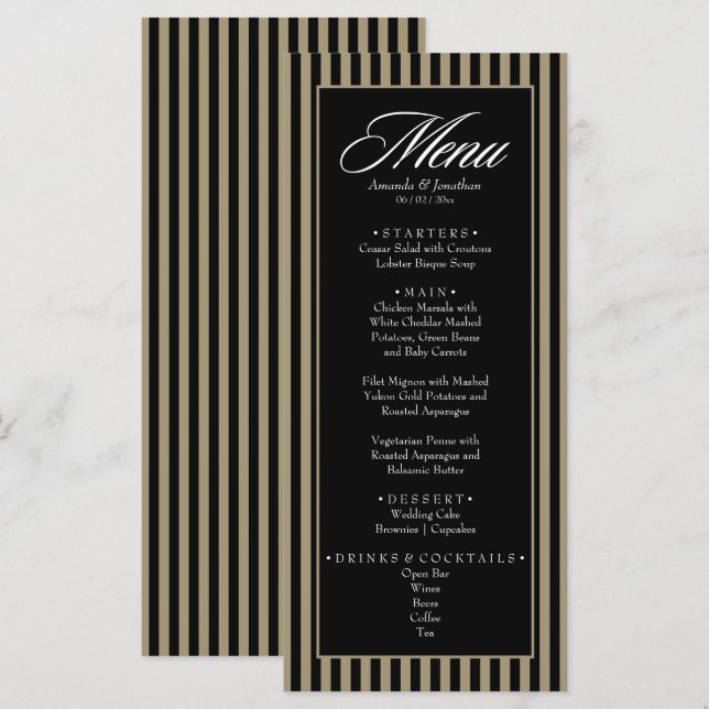 Elegant Black and Grönt Lodrät Rand Bröllop Meny (Fram/baksida)