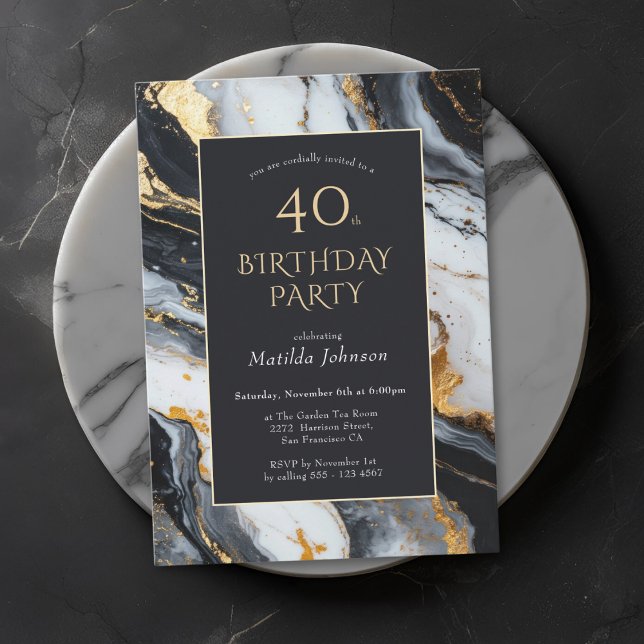 Elegant Black and Guld 40:e födelsedagsinbjudan Inbjudningar (Elegant Black and Gold 40th Birthday Invitation)