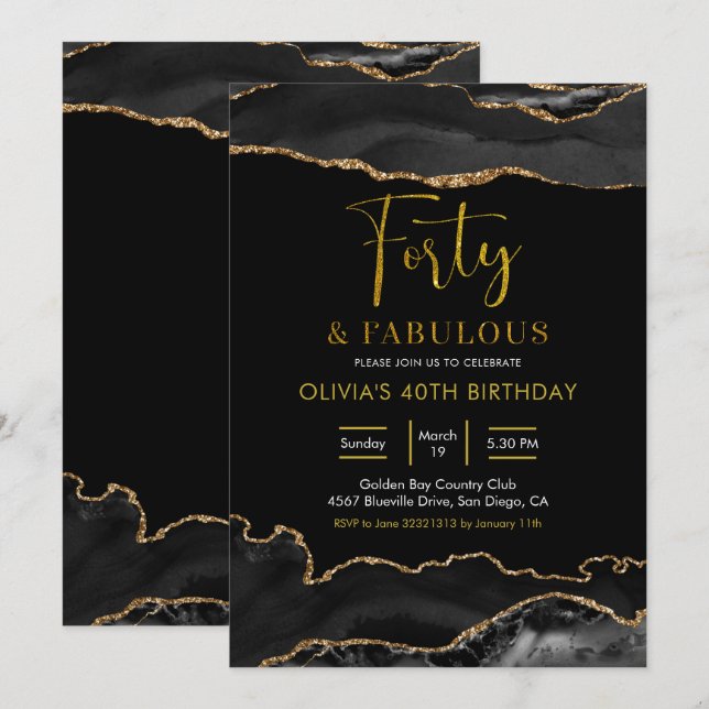 Elegant Black and Guld 40 och Fabulous Inbjudningar (Fram/baksida)