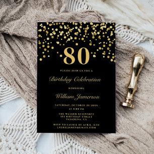 Elegant Black and Guld 80:e födelsedagen Inbjudningar