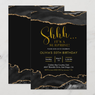 Elegant Black and Guld Agate Surprise Birthday Inbjudningar