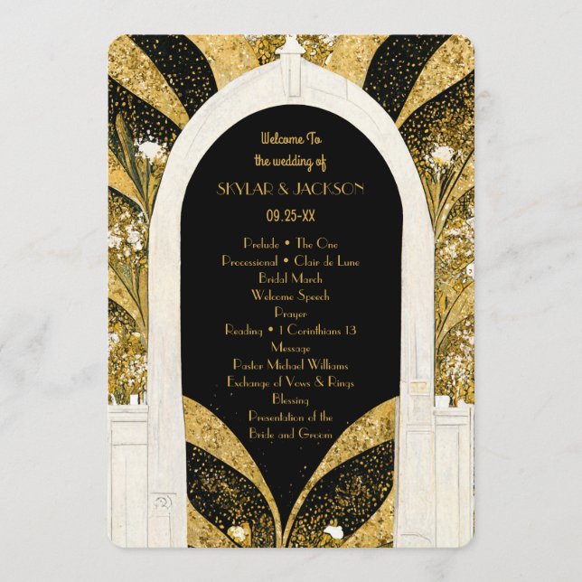 Elegant Black and Guld Art Deco Archway Bröllop Program (Framsida)