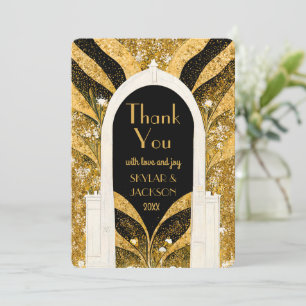 Elegant Black and Guld Art Deco Archway Bröllop Tack Kort