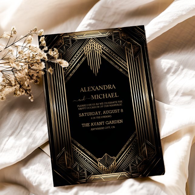 Elegant Black and Guld Art Deco Bröllop Inbjudningar (Skapare uppladdad)