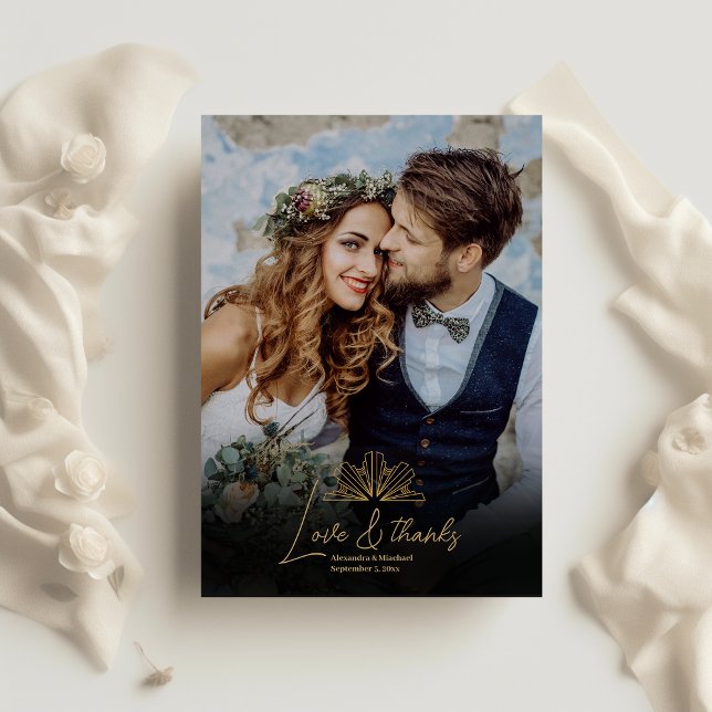 Elegant Black and Guld Art Deco Bröllop Tack Kort (Skapare uppladdad)