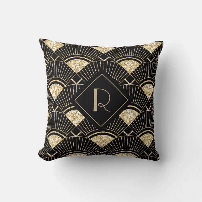 Elegant Black and Guld Art Deco Monogram Kudde (Framsida)