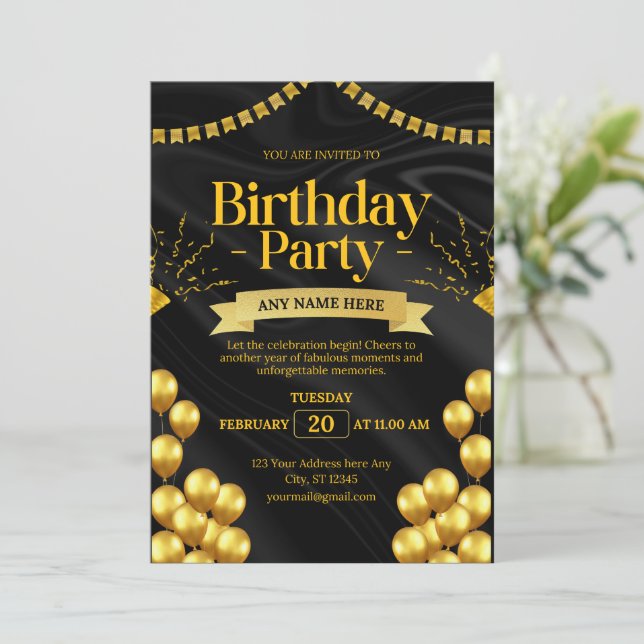 Elegant Black and Guld Birthday bjudande | Skriv Inbjudningar (Stående Fram)