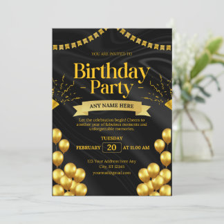 Elegant Black and Guld Birthday bjudande | Skriv Inbjudningar