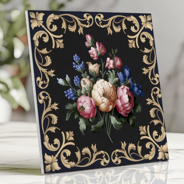 Elegant Black and Guld Blommigt Baroque Kakelplatta (Skapare uppladdad)