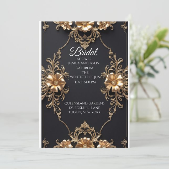Elegant Black and Guld Blommigt Luxury Design Inbjudningar (Stående Fram)