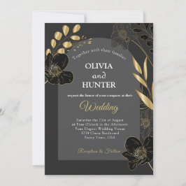 Elegant Black and Guld Blommigt Photo Bröllop card Spara Datumet