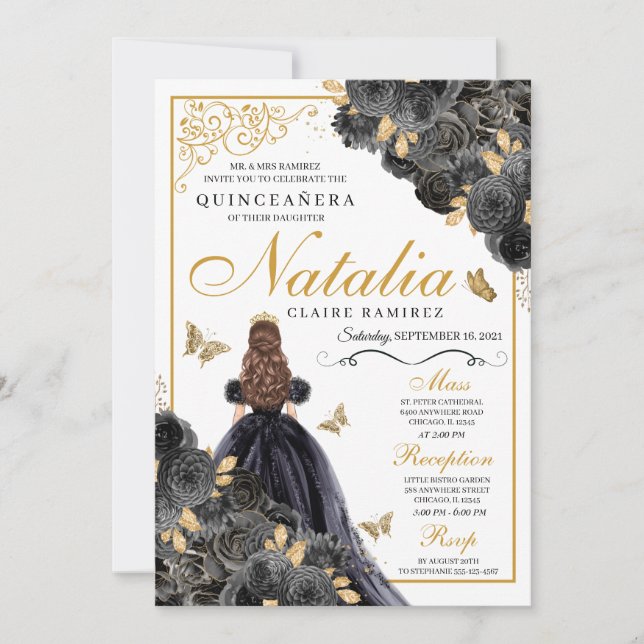 Elegant Black and Guld Blommigt Quinceanera Birthd Inbjudningar (Framsida)