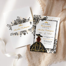Elegant Black and Guld Blommigt Quinceanera