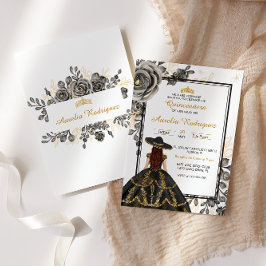 Elegant Black and Guld Blommigt Quinceanera Inbjudningar