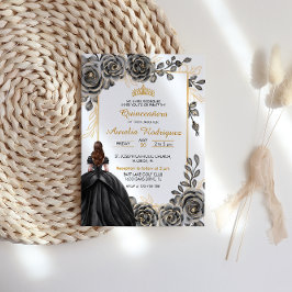 Elegant Black and Guld Blommigt Quinceanera Inbjudningar