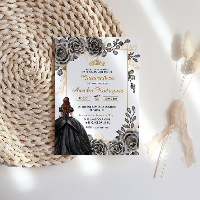 Elegant Black and Guld Blommigt Quinceanera Inbjudningar (Skapare uppladdad)