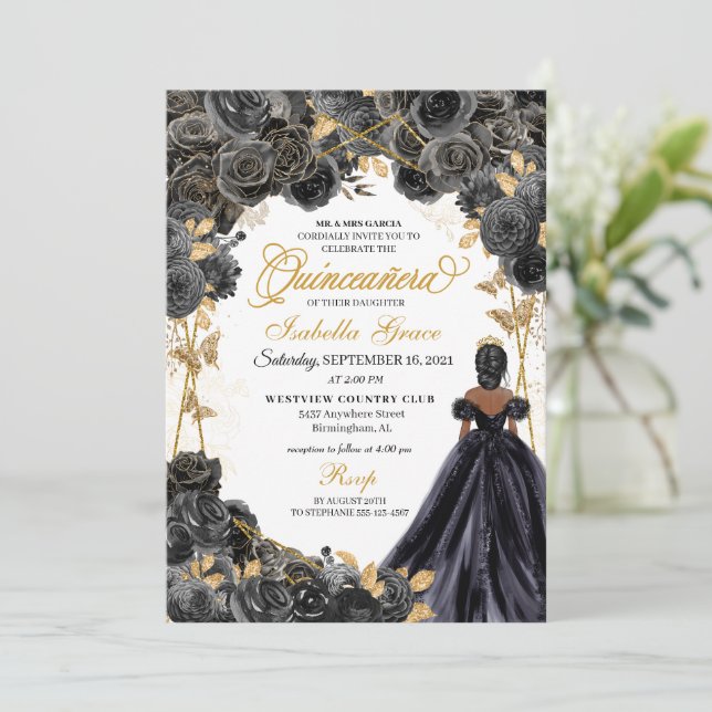 Elegant Black and Guld Blommigt Quinceanera Invati Inbjudningar (Stående Fram)