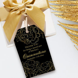 Elegant Black and Guld Blommigt Sketch Quinceanera Presentetikett
