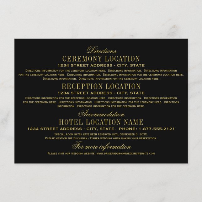 Elegant Black and Guld Bröllop Information Tilläggskort (Framsida)