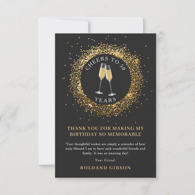 Elegant Black and Guld Cheers Birthday Tack Kort (Framsida)