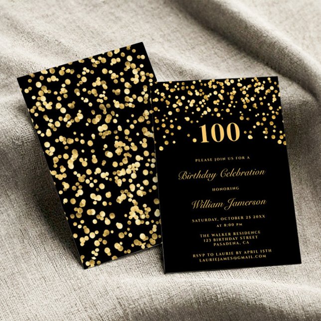 Elegant Black and Guld Confetti 100 timmar födelse Inbjudningar (Skapare uppladdad)