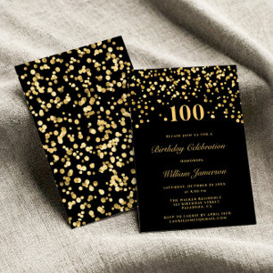 Elegant Black and Guld Confetti 100 timmar födelse Inbjudningar