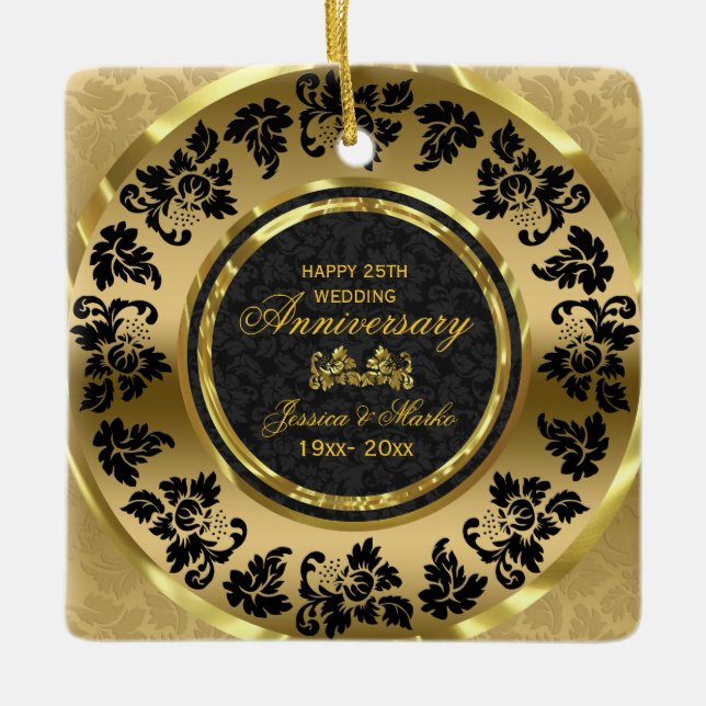 Elegant Black and Guld Damask 50-årsdagen Julgransprydnad Keramik (Framsida)