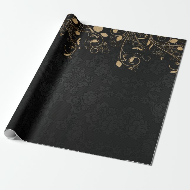 Elegant Black and Guld Damask Pattern Presentpapper (Utrullad)