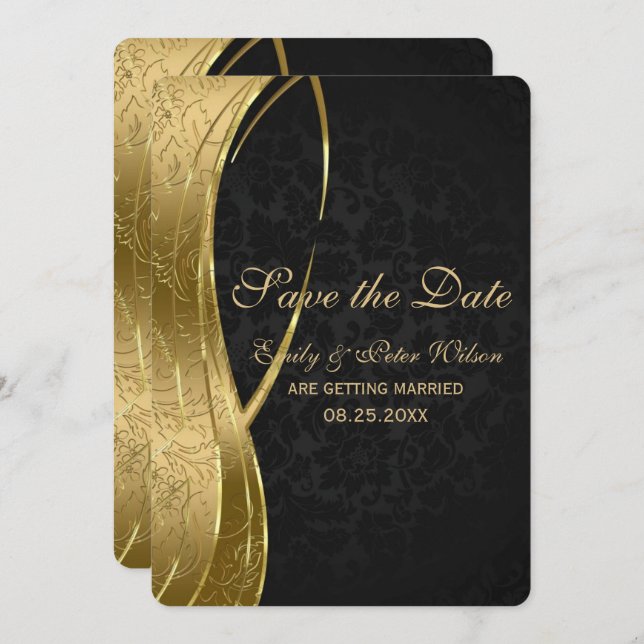 Elegant Black and Guld Damask-Save the Date Inbjudningar (Fram/baksida)