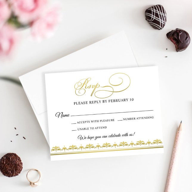 Elegant Black and Guld Damask Wedding OSA Kort (Skapare uppladdad)