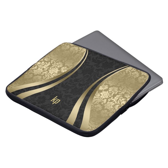 Elegant Black and Guld Damasker Dynamic Rand Laptop Fodral (Framsida topp)