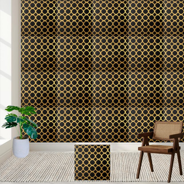 Elegant Black and Guld Geometric Mönster Tile Kakelplatta (Elegant Black and Gold Geometric Pattern Tile)